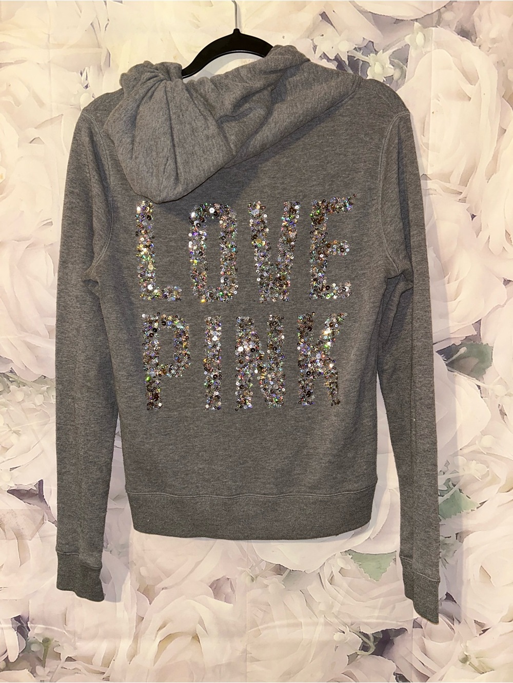 PINK Victoria's Secret Bling Full Zip Hoodie Gray Dog Sequin Logo Size Small
